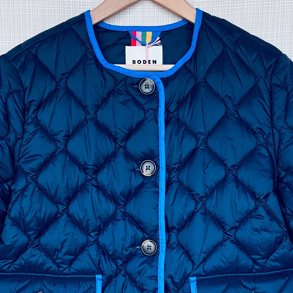 NWT Boden Quilted Jacket Preppy Collarless Jacket Quilted Coat Contrast Piping - Picture 3 of 15
